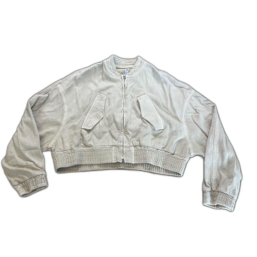 Zara Crop Top Zip Up Oatmeal Distressed Bomber Jacket Womens US Small S